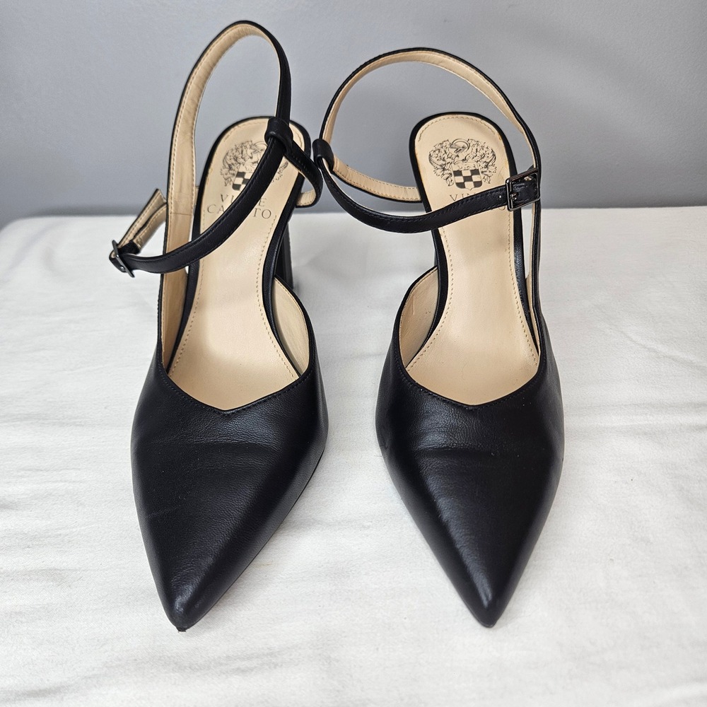 Vince Camuto Sarlota‎ Black Leather Slingback Pointed Toe Pumps Womens 8M 38.5